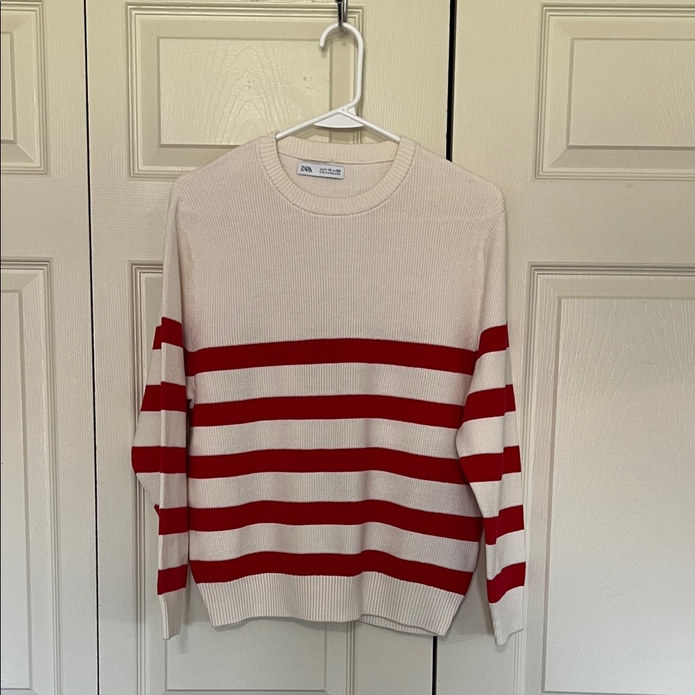 Zara Cream and Red Striped Knit Sweater